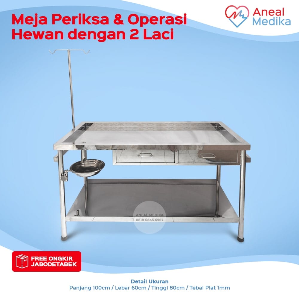 Meja-Periksa-Hewan-dengan-2-Laci-100cm-1mm_1-min meja operasi hewan stainless steel